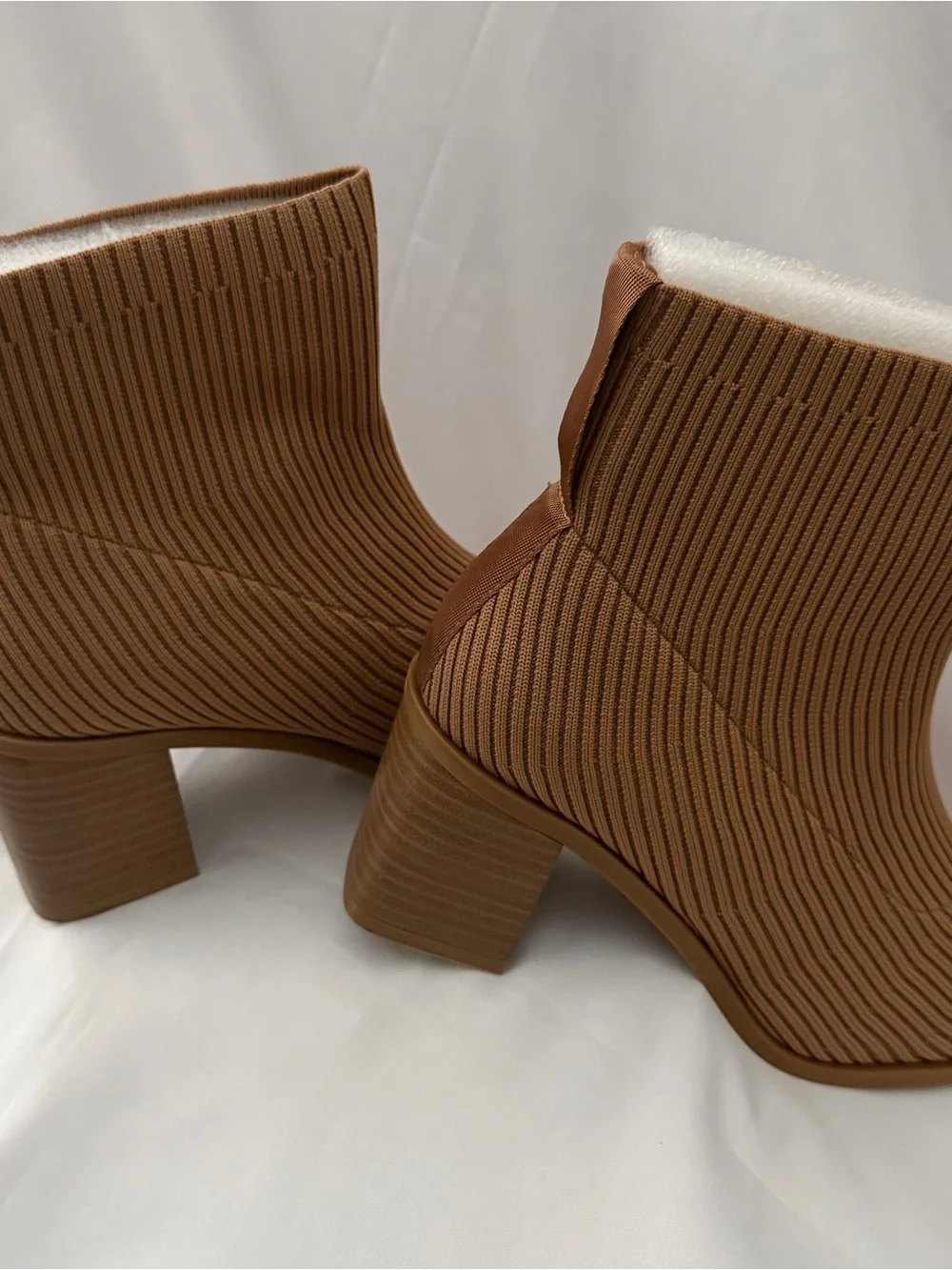 Ribbed Tan Sock Ankle Boot with Block Heel 2 7.5 inch heel